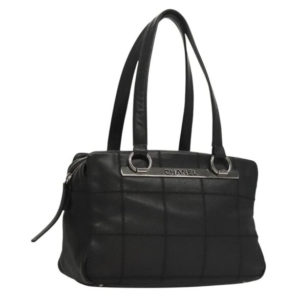 CHANEL Choco Bar Line Shoulder Bag Calf Skin Black CC Auth 117397 - Picture 1 of 15